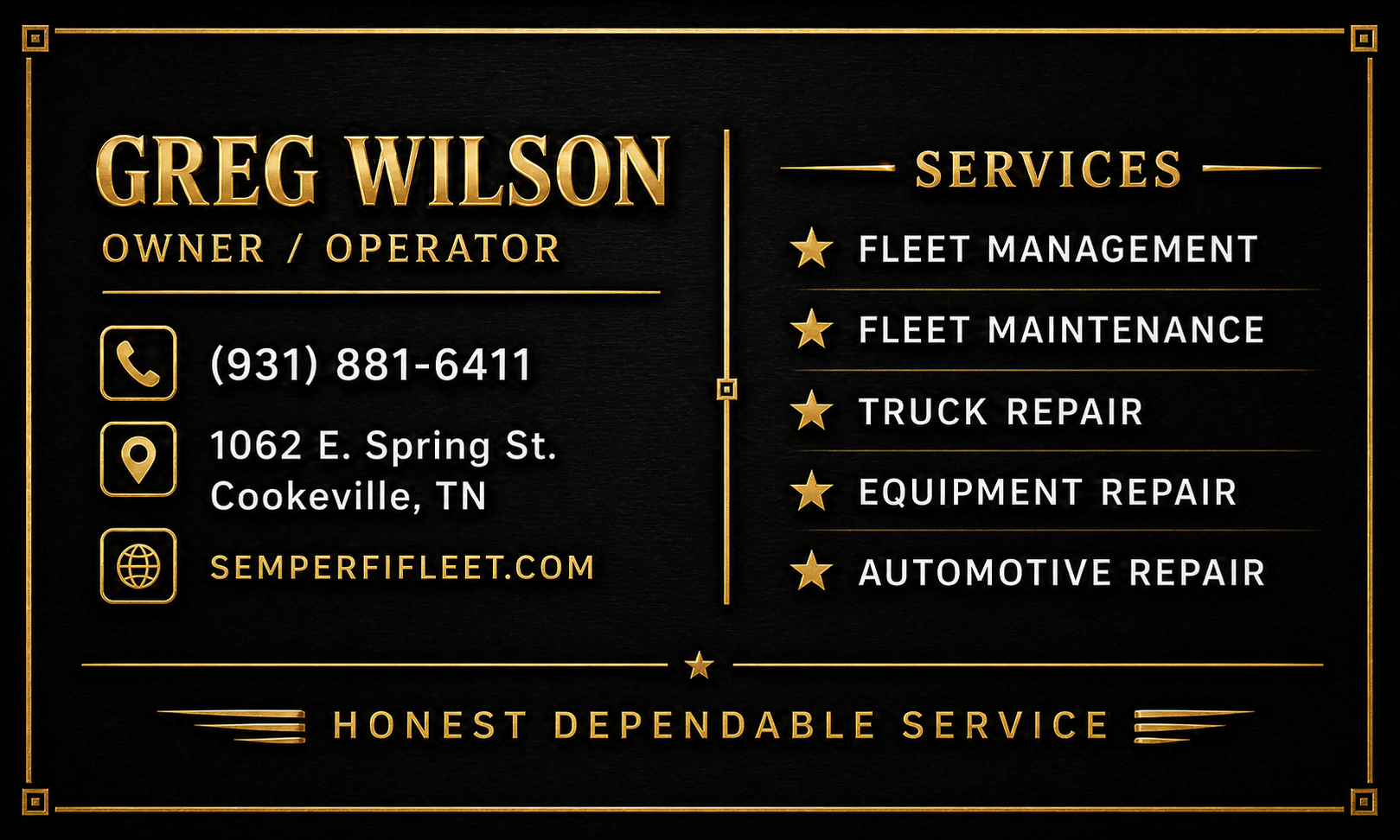 Semper Fi Fleet Solutions business card — Greg Wilson, Owner / Operator